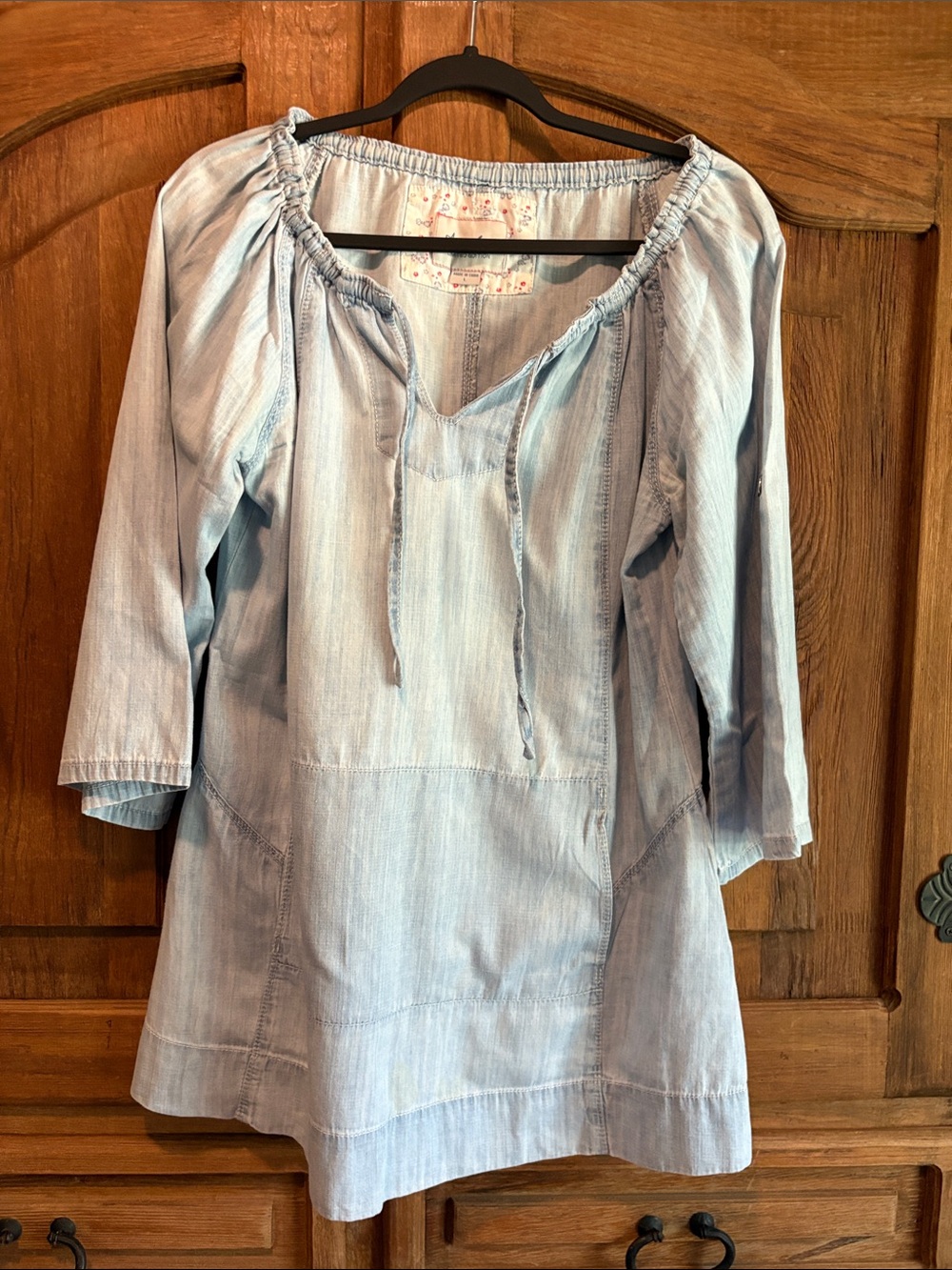 Light Blue Chambray Tunic with Tie Neck